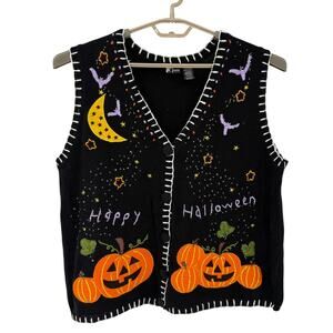 Halloween Vintage Sweater Vest Pumpkins Bats Moon Stars Beads Size XL